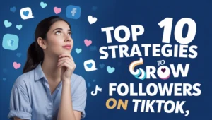 Young woman in a thoughtful pose on orange background with faint social media icons, featuring bold headline text “Top 10 Strategies to Grow Followers on TikTok” – visually highlighting TikTok growth tips.