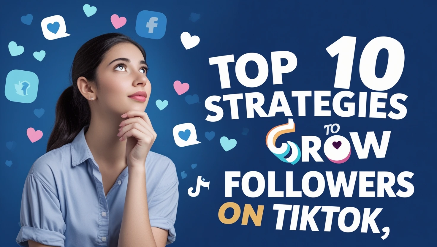 Top 10 Strategies to Grow Followers on TikTok 1 Young woman in a thoughtful pose on orange background with faint social media icons, featuring bold headline text “Top 10 Strategies to Grow Followers on TikTok” – visually highlighting TikTok growth tips.