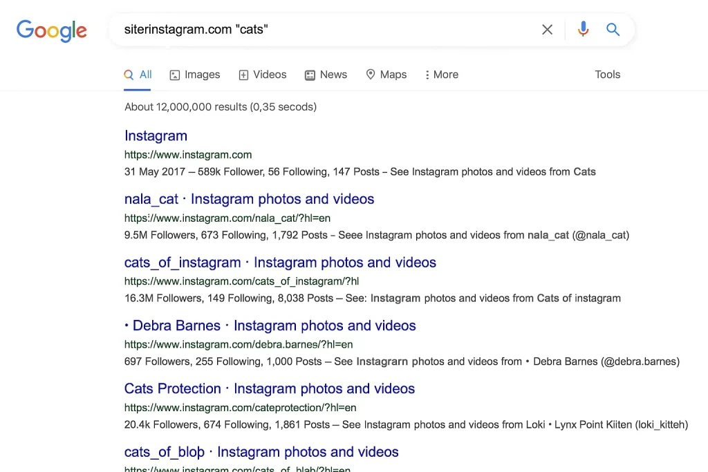Using Google search to find Instagram content without an account